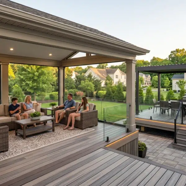 A family relaxes under a custom deck enclosure in NJ featuring glass railings and an adjacent outdoor kitchen area.