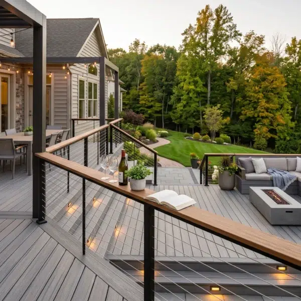 Bi-level composite deck featuring dining area, fire pit lounge, and scenic views, illustrating modern deck designs for Pennsylvania homes.