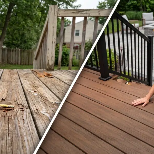 Split screen: gloved hand measuring old, rotted wood deck versus new composite deck being checked with a level, showing a deck installation in Somerset NJ.