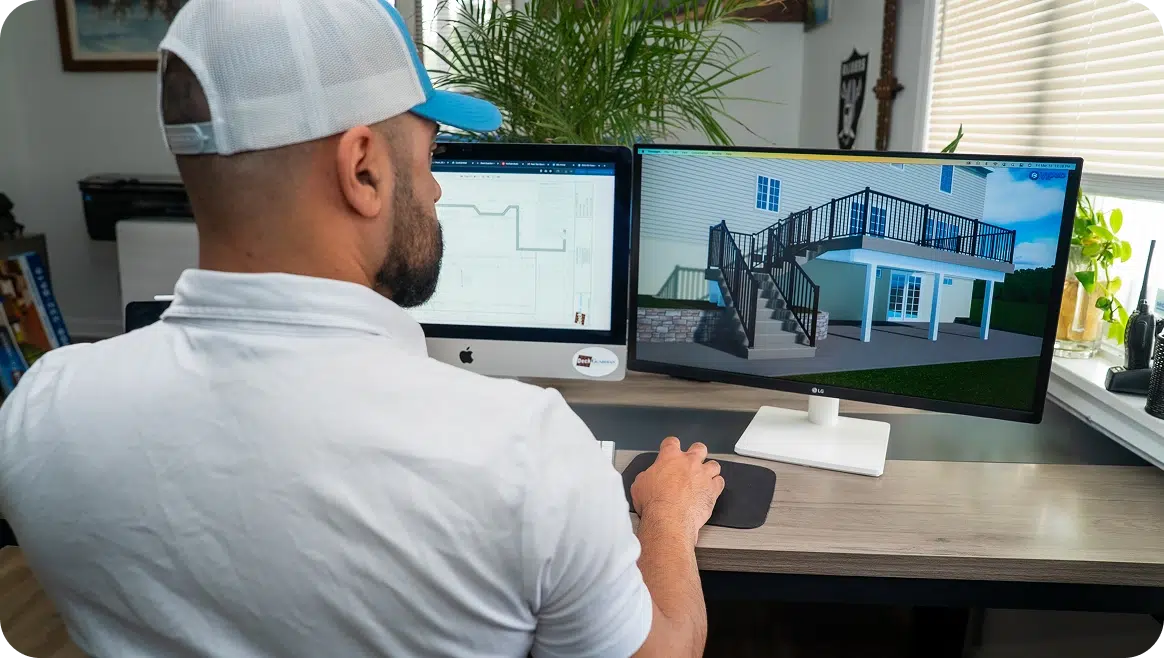 A Designer Creates A 3D Architectural Deck Model On A Dual-Monitor Setup At A Wooden Office Desk.