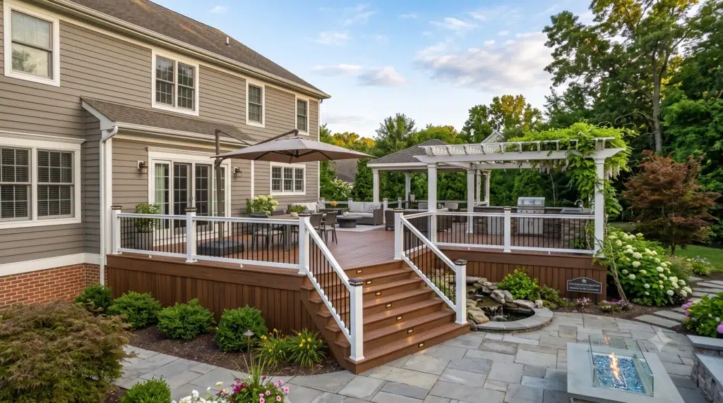 A Luxury Multi-Level Backyard Setup Featuring Premium Brown Composite Decking In Nj, A Patio, Pergola, And Fire Pit.