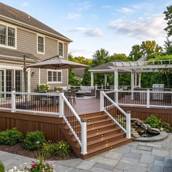 A luxury multi-level backyard setup featuring premium brown composite decking in NJ, a patio, pergola, and fire pit.