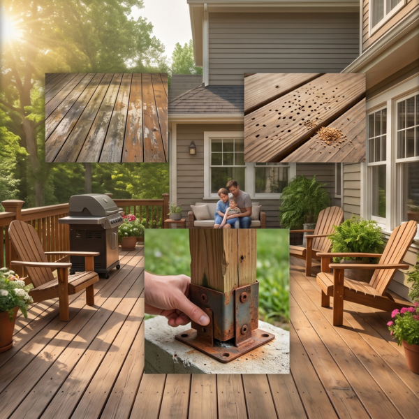 Collage showing seven warning signs of deck damage, including rot, rusty screws, cracked boards, and insect damage.