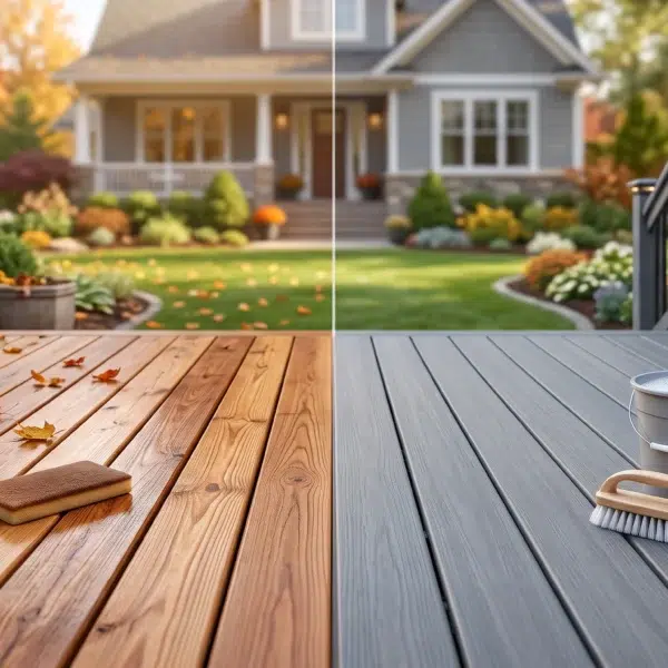 Side by side comparison of wood vs composite deck maintenance products including stain sealer and cleaning supplies.