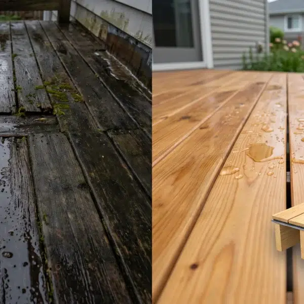 Rotting wooden boards juxtaposed with a sealed waterproof deck featuring water droplets.