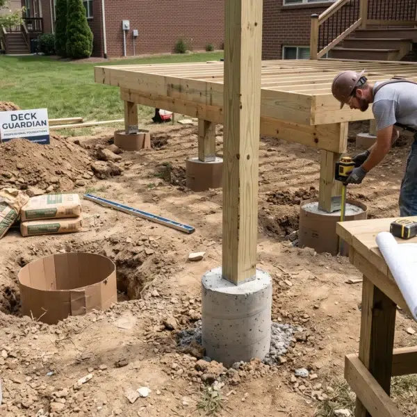A construction worker measures sturdy concrete deck footings installed deep in the ground beneath a timber deck frame.