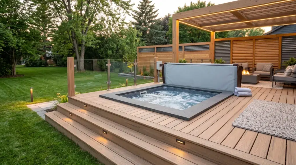 Sunken spa integrated into a wooden patio showcasing sleek hot tub deck ideas for relaxation.