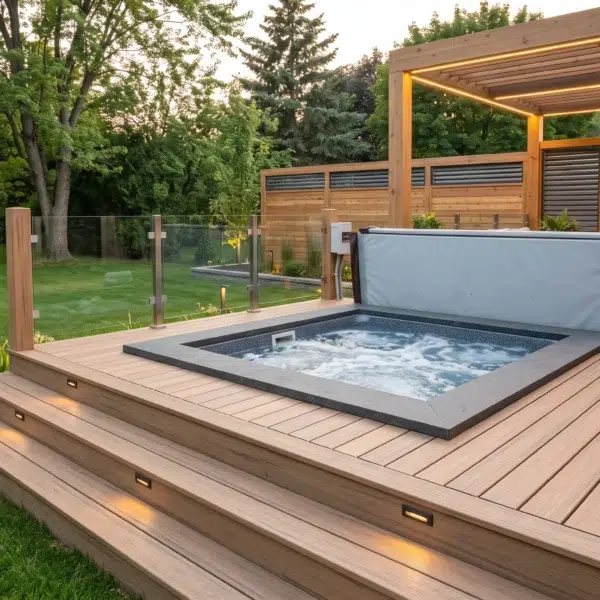Sunken spa integrated into a wooden patio showcasing sleek hot tub deck ideas for relaxation.