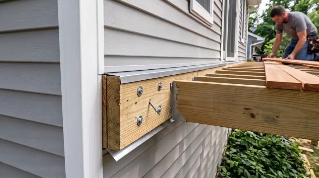 A detailed view showing a secure deck ledger board and flashing attachment to a residential house wall.