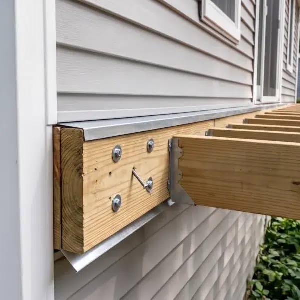 A detailed view showing a secure deck ledger board and flashing attachment to a residential house wall.