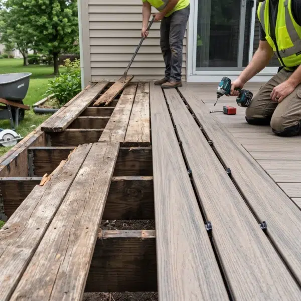 A worker installing new surface planks while replacing deck boards with composite decking over an existing frame.