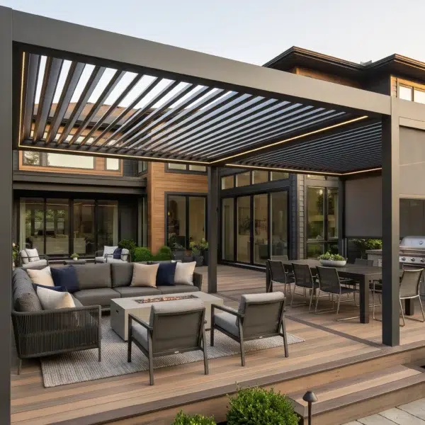 Modern aluminum roof over a furnished backyard patio highlighting key louvered pergola pros and cons.