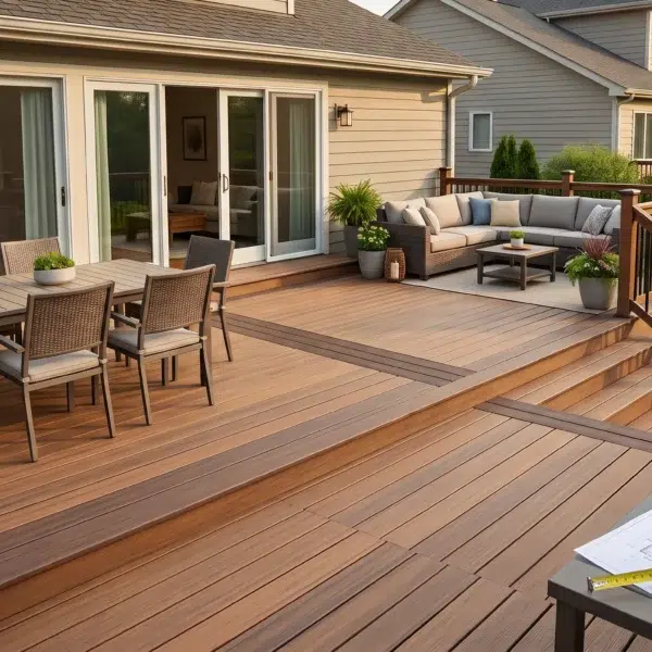 Wooden multi-level patio with dining table and sectional couch illustrating an average deck size design.